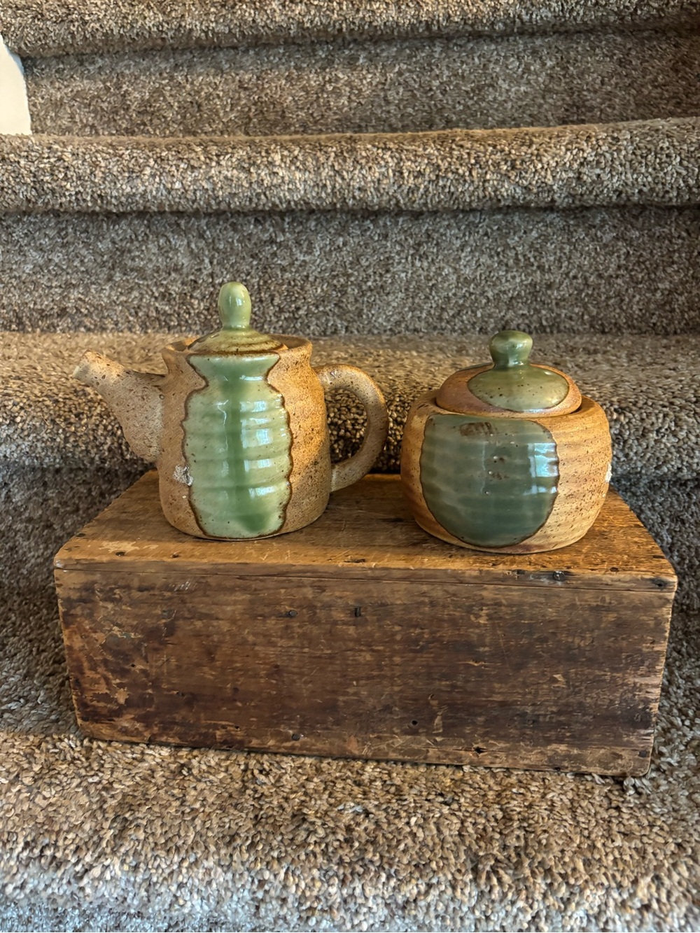 Handcrafted Stoneware Teapot and Sugar Jar Set in Green and Tan